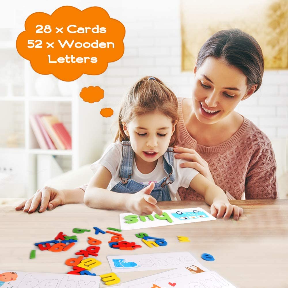 Alphabet spelling wooden 26 learning card and blocks great birthday gift