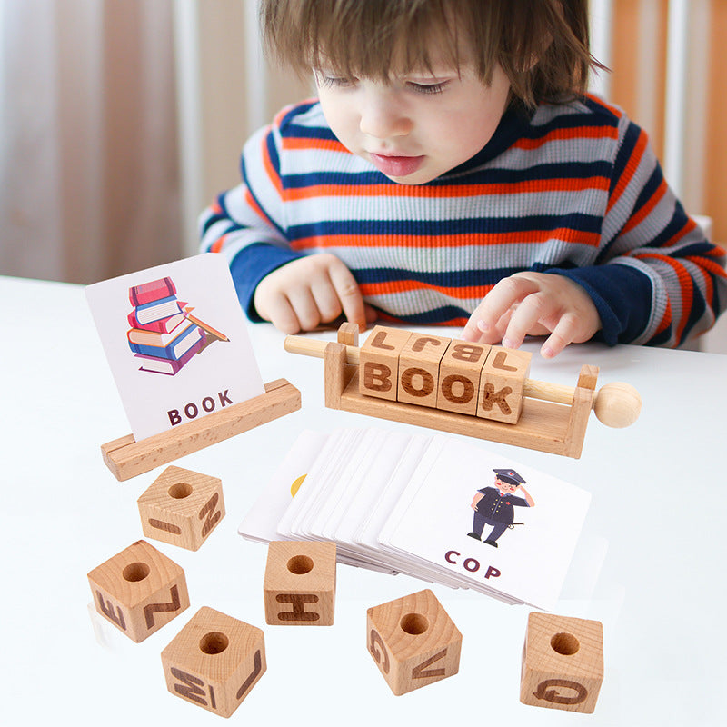 Wooden alphabet blocks spelling learning card and cubes for preschool kids excellent birthday gift