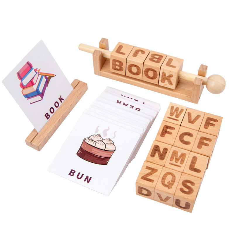 Wooden alphabet blocks spelling learning card and cubes for preschool kids excellent birthday gift
