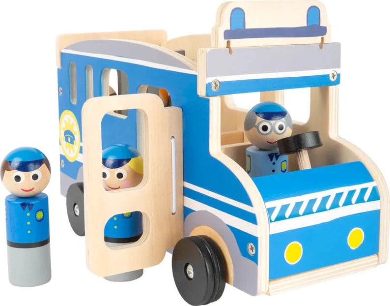 Police wooden bus and three wooden police officers fun to play